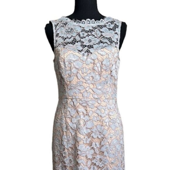 Eliza J Lace Asymmetrical Scalloped Hem Icy Blue Illusion Neckline Sheath Dress - Picture 6 of 15